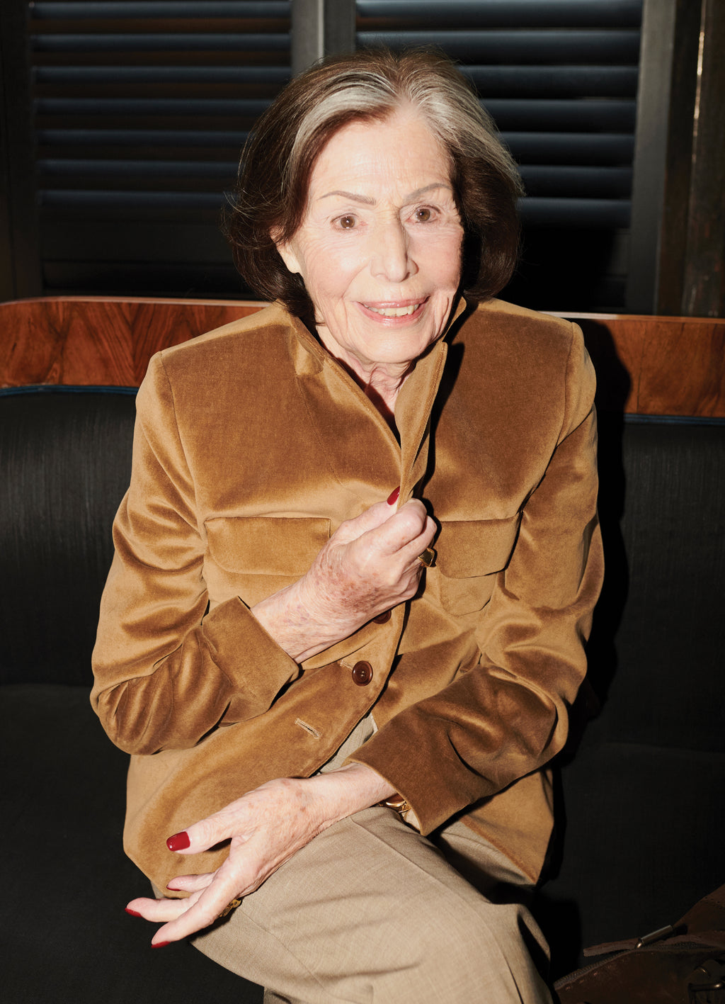 SCHOENBACH velvet blazer in brown cotton modal blend worn by model