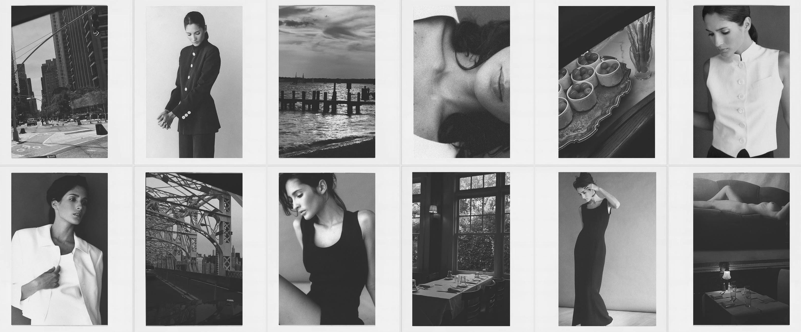 Black and white collage of various scenes and model Astrid Munoz.