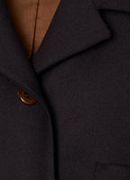 Close-up of black wool cropped jacket and lapel