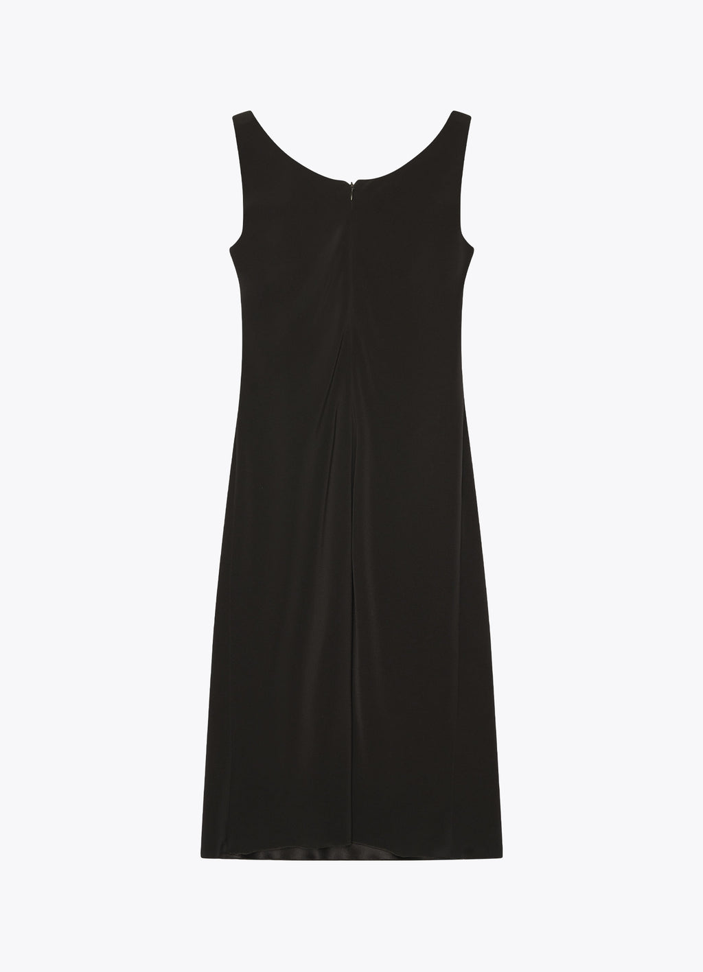 Black satin midi dress, back view