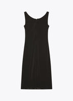 Black satin midi dress, back view
