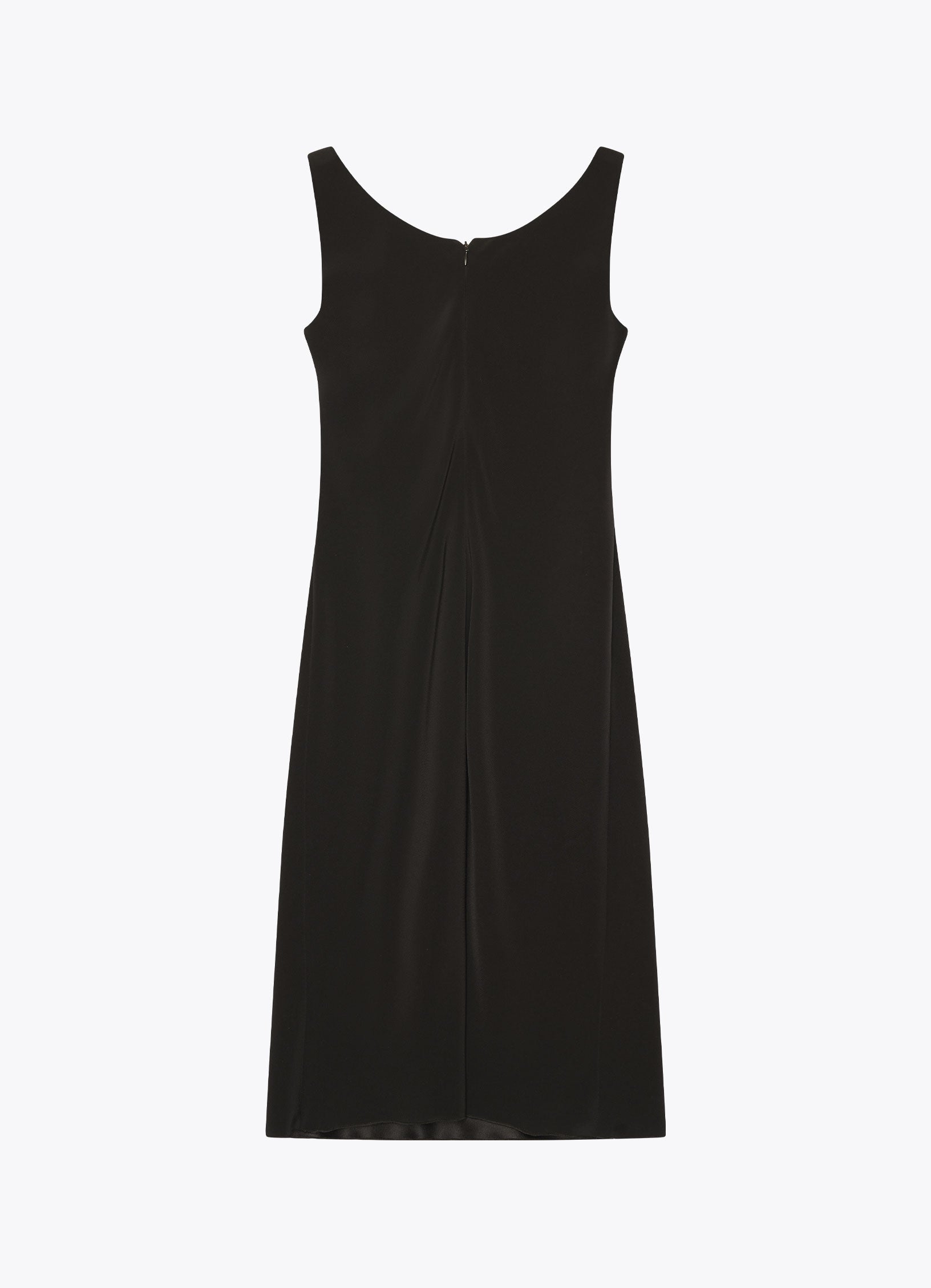 Black satin midi dress, back view