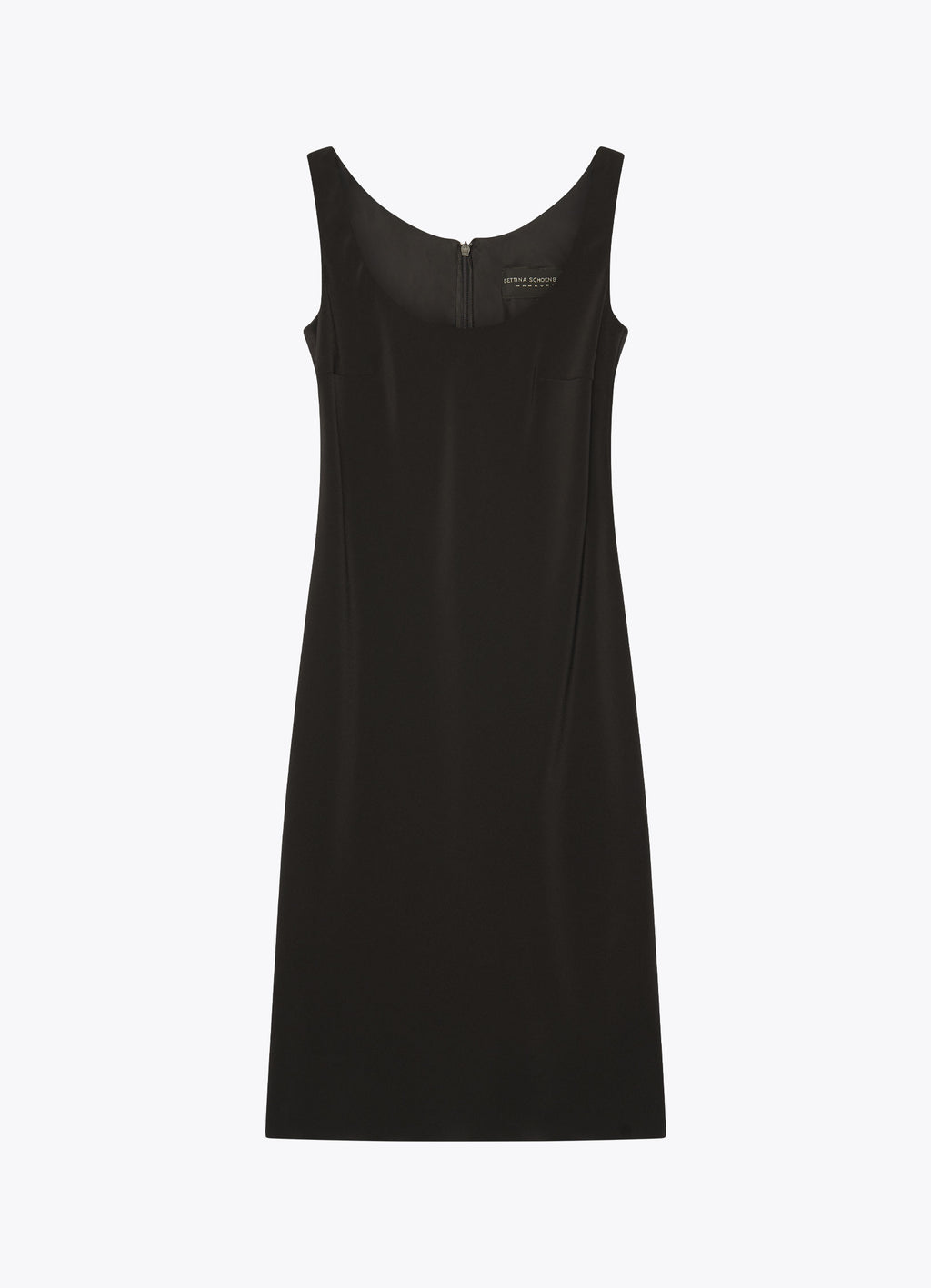 Black satin midi dress, front view