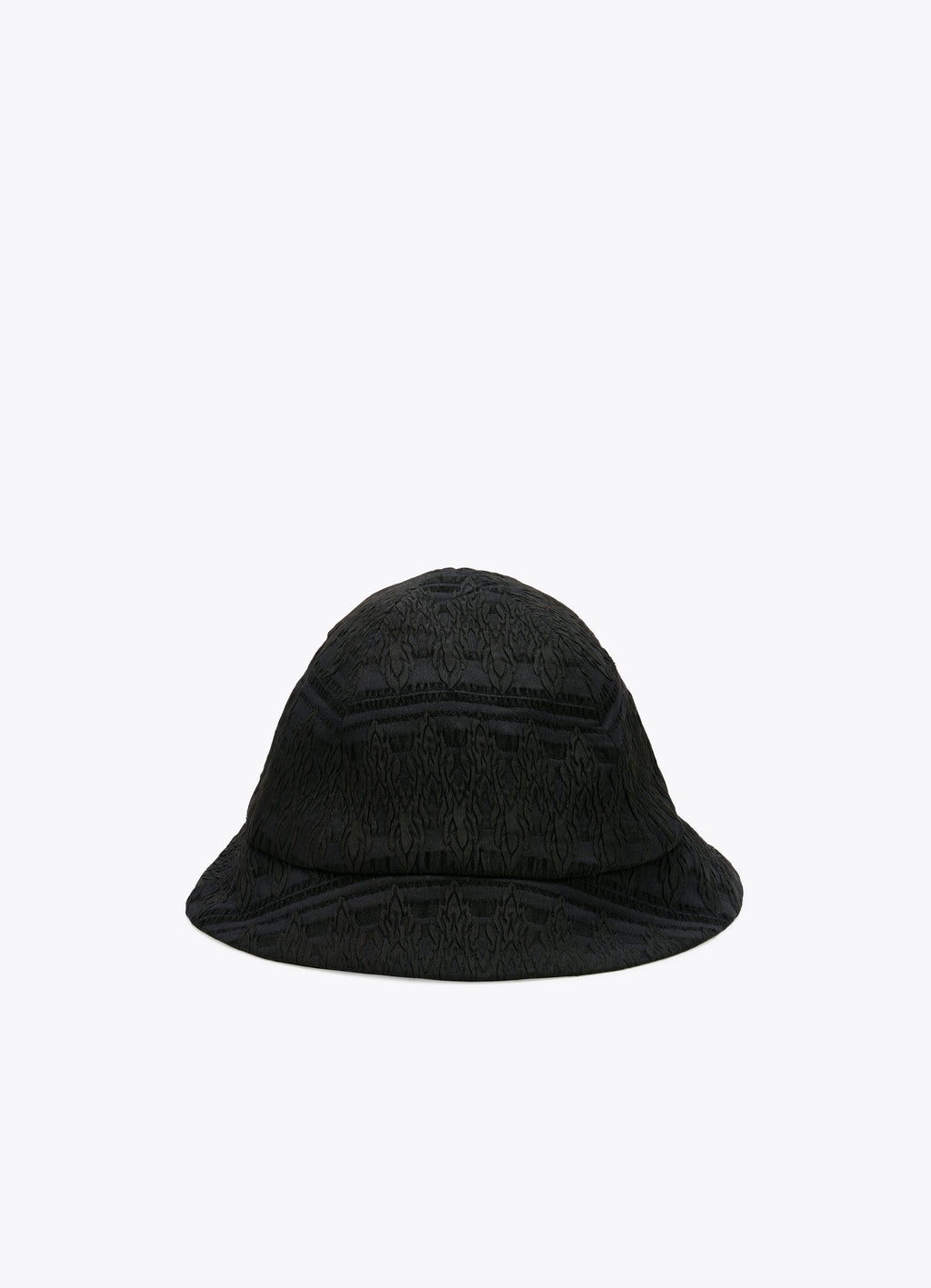 Black textured bucket hat with rounded crown and curved brim