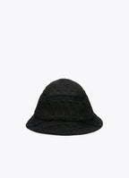 Black textured bucket hat with rounded crown and curved brim