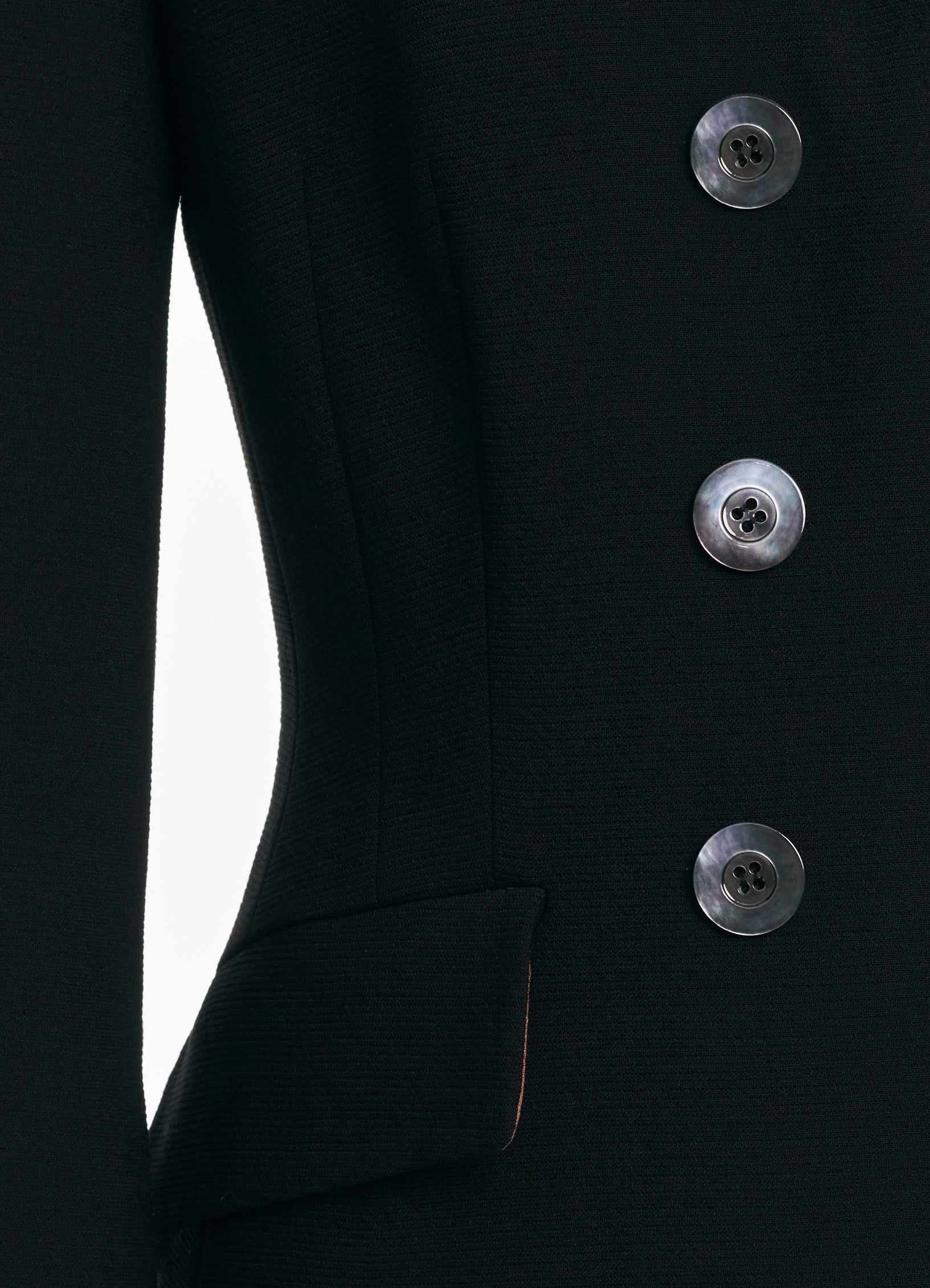 Close-up of SCHOENBACH double-breasted jacket with buffalo horn buttons in black virgin wool