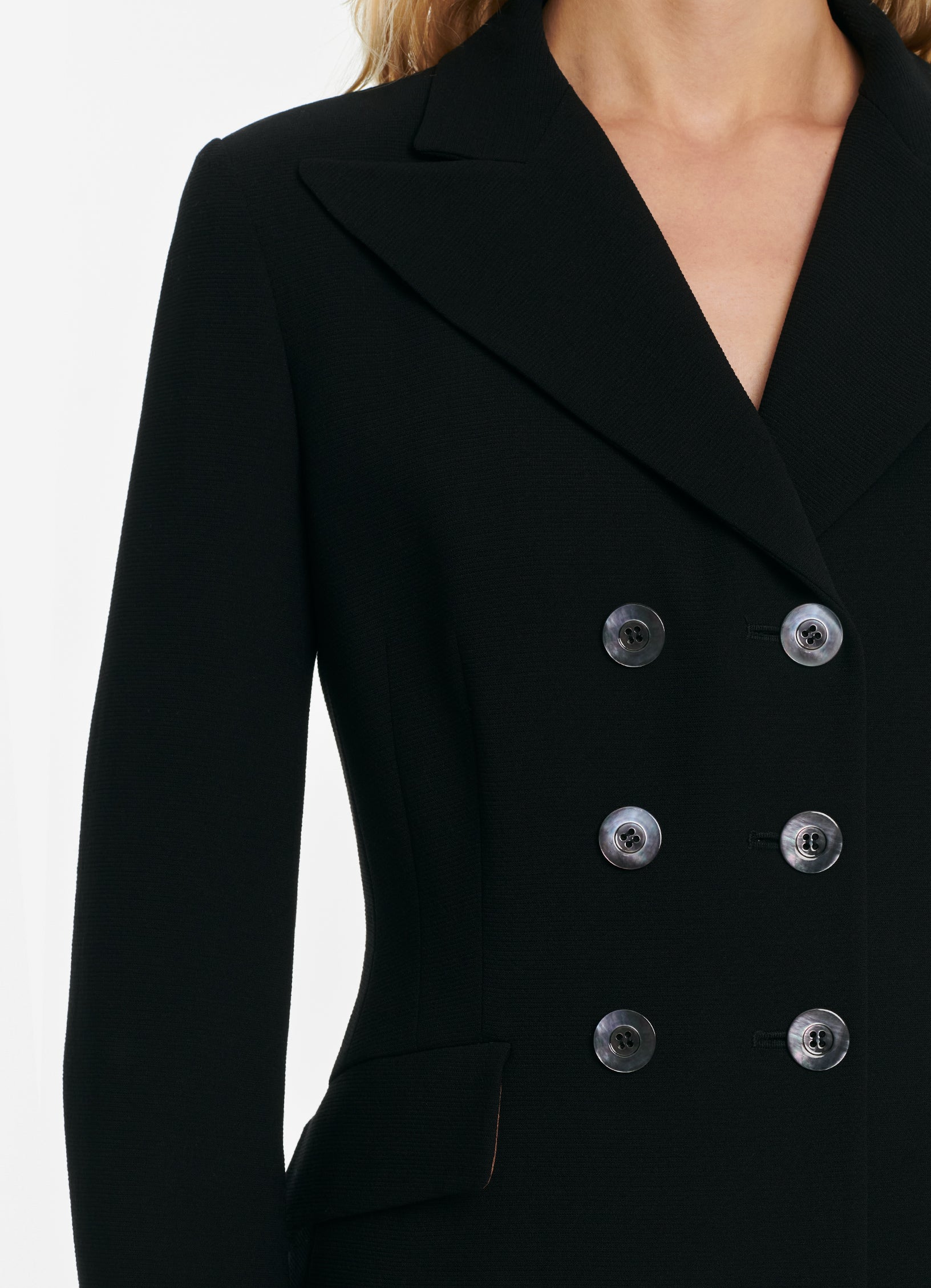 Detail of SCHOENBACH black virgin wool jacket with peak lapels and double-breasted closure