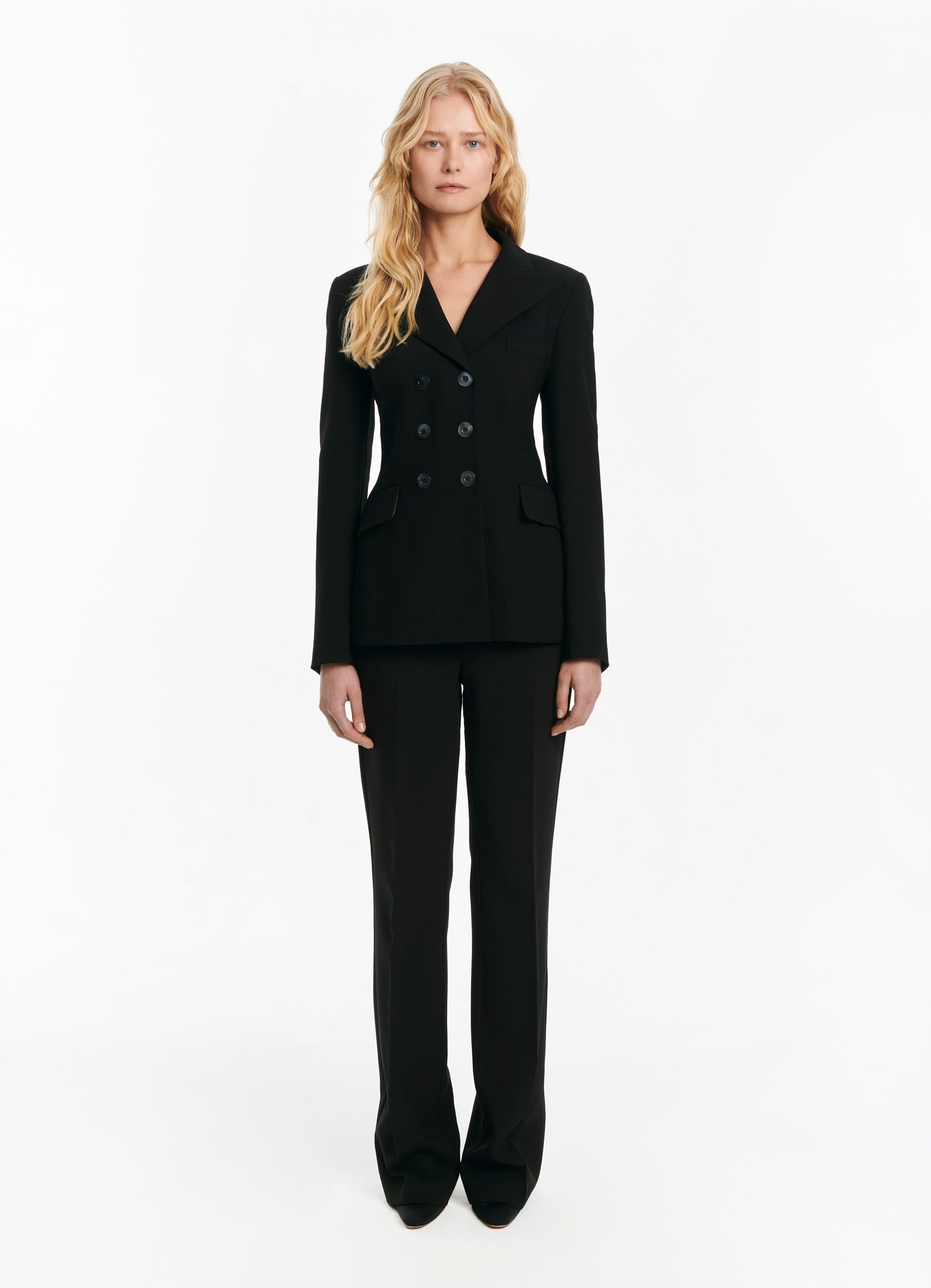 SCHOENBACH black virgin wool double-breasted jacket with peak lapels and tailored waist, front view