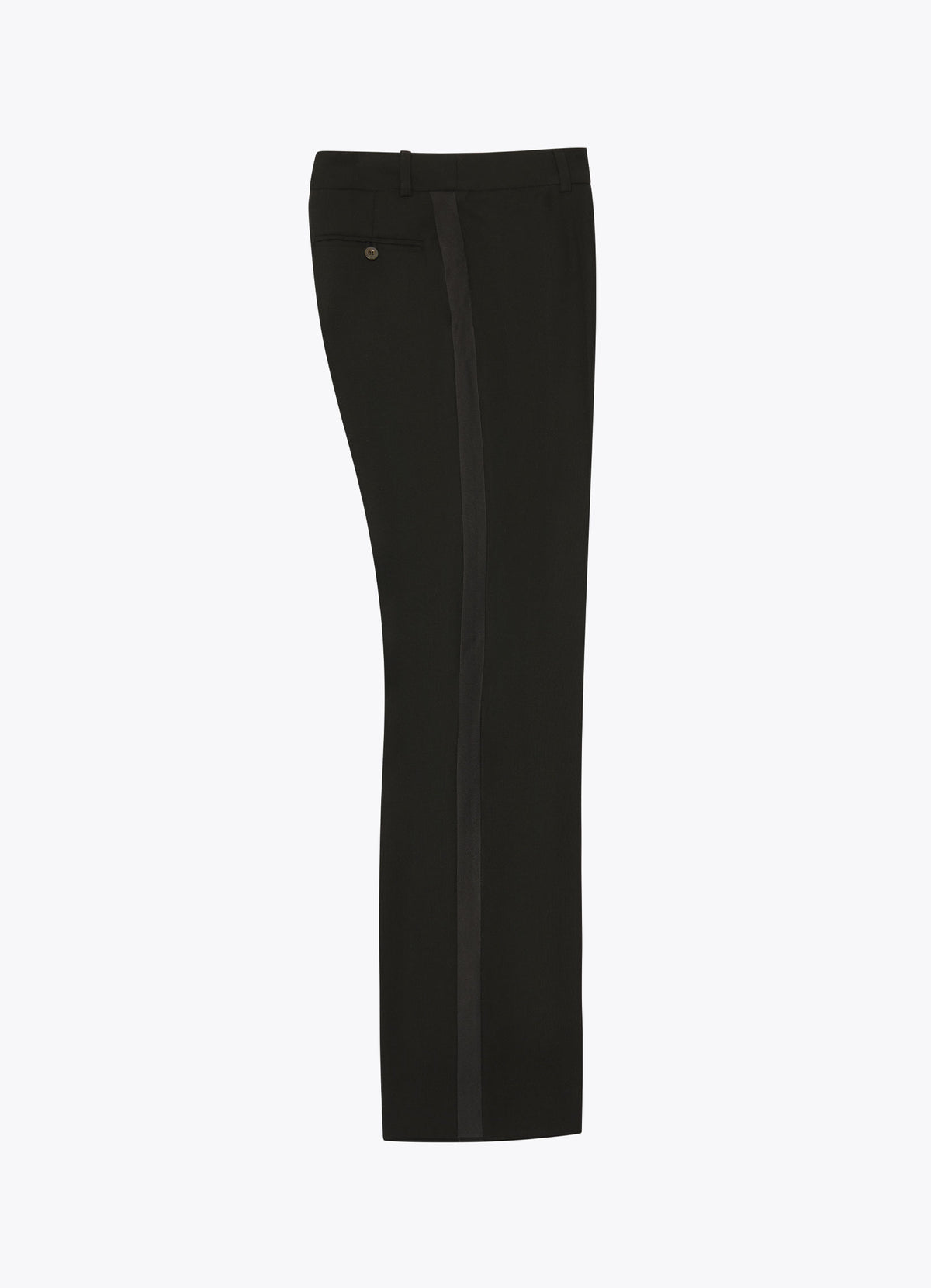 Black wool smoking trousers, front view