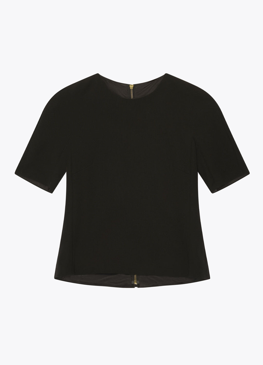 Black wool top with short sleeves and round neckline, front view