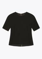 Black wool top with short sleeves and round neckline, front view