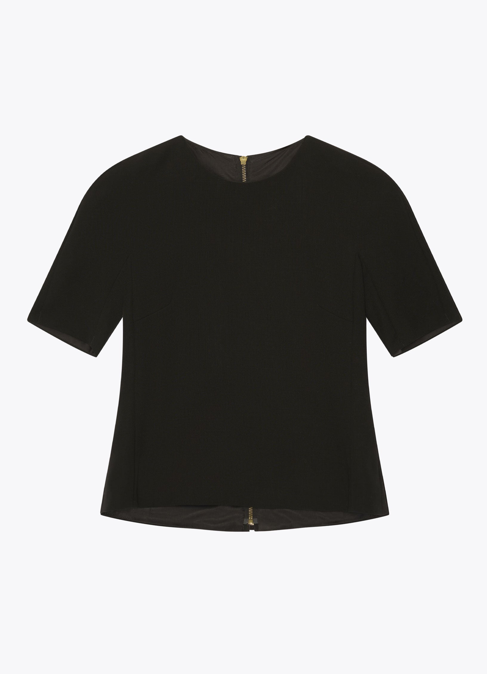 Black wool top with short sleeves and round neckline, front view