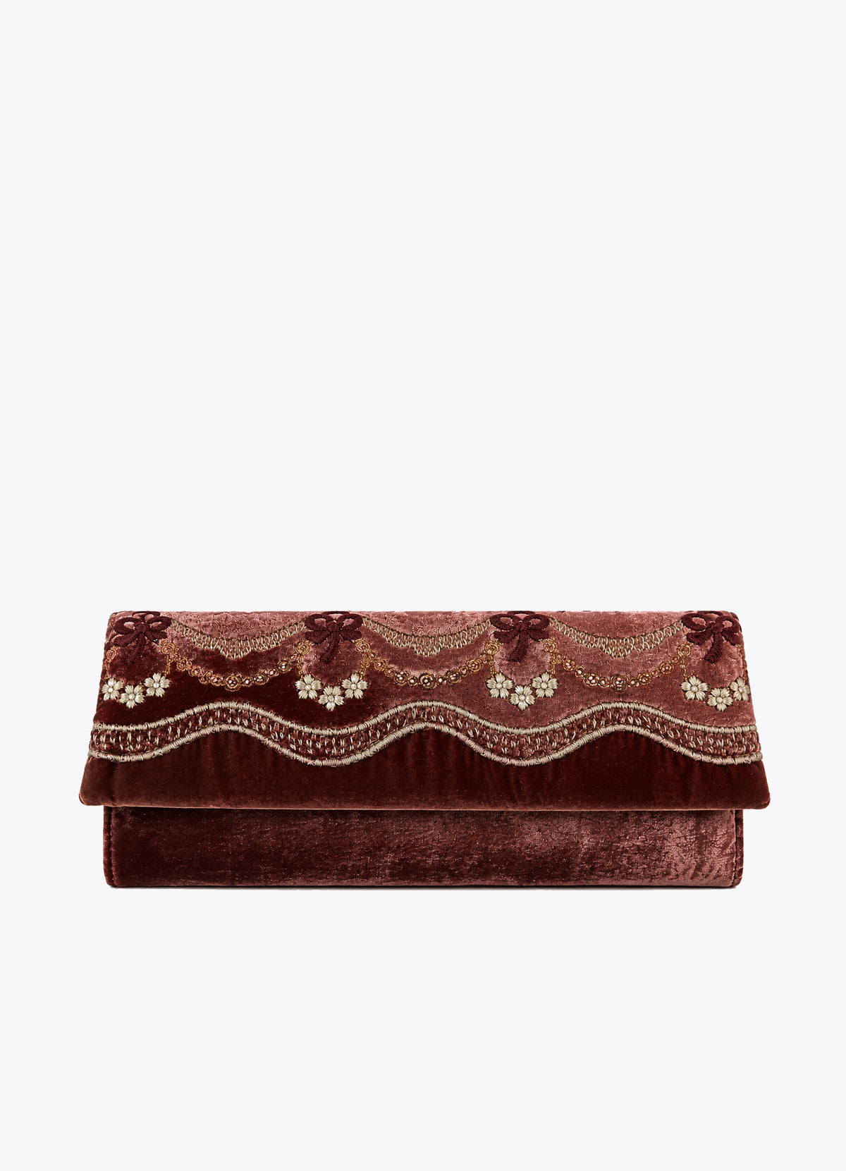 Burgundy velvet and silk clutch with embroidered floral detailing