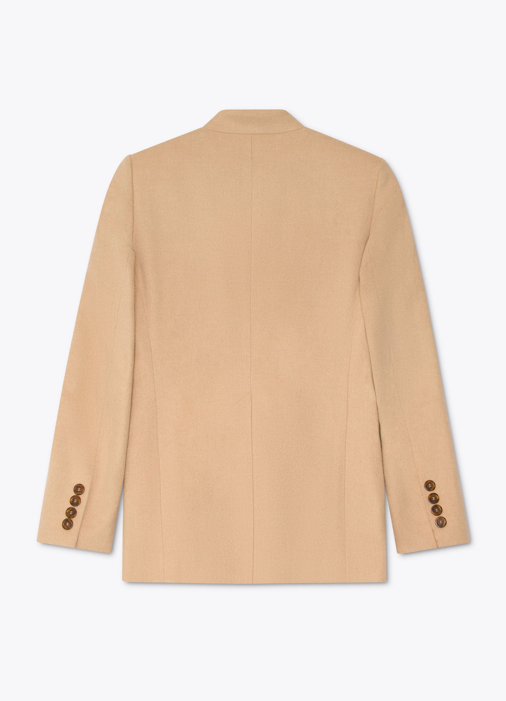 Camel wool-cashmere tailored jacket back view with clean structured silhouette and fitted shaping