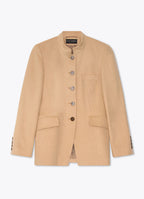 Camel wool-cashmere tailored jacket front view with stand collar, flap pockets and fitted silhouette