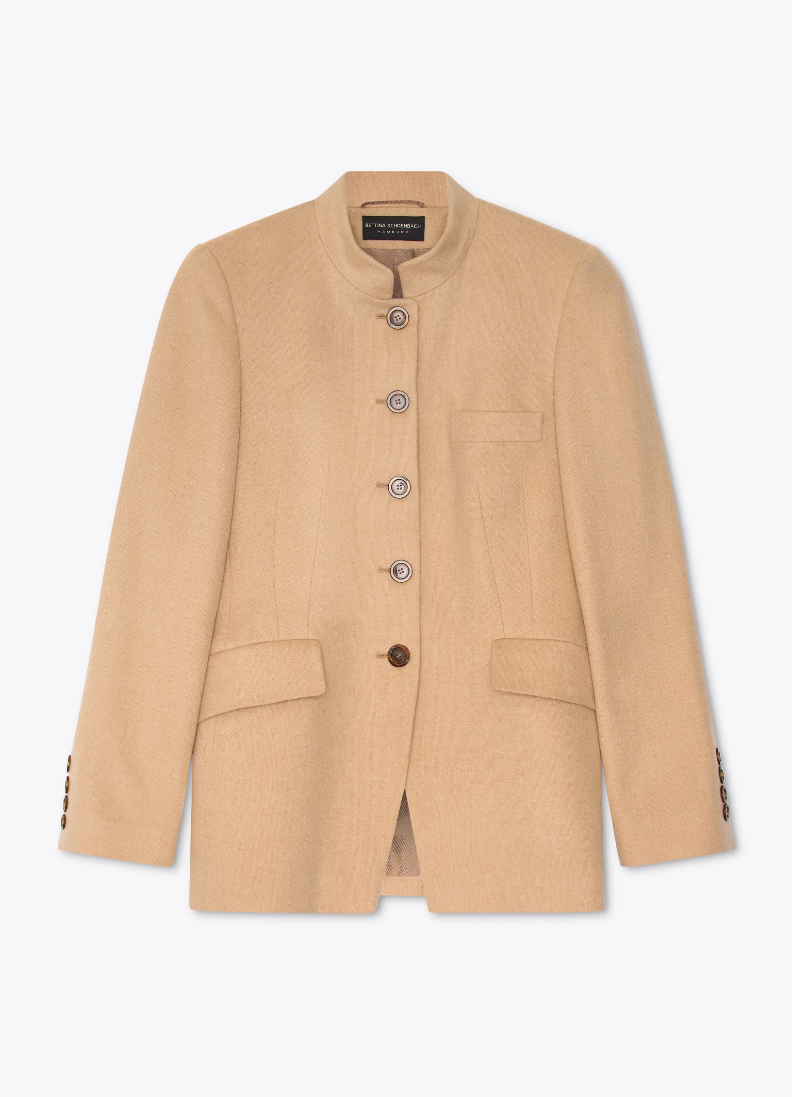 Camel wool-cashmere tailored jacket front view with stand collar, flap pockets and fitted silhouette