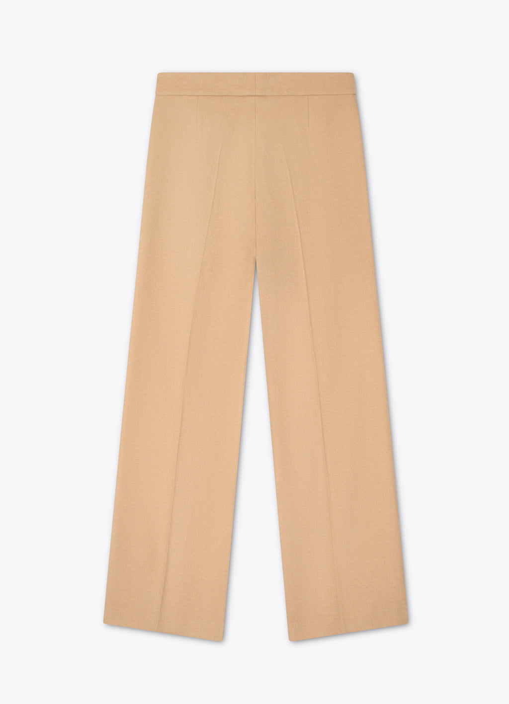 Camel wool-cashmere straight-leg trousers back view with clean tailored silhouette and sewn-in front crease