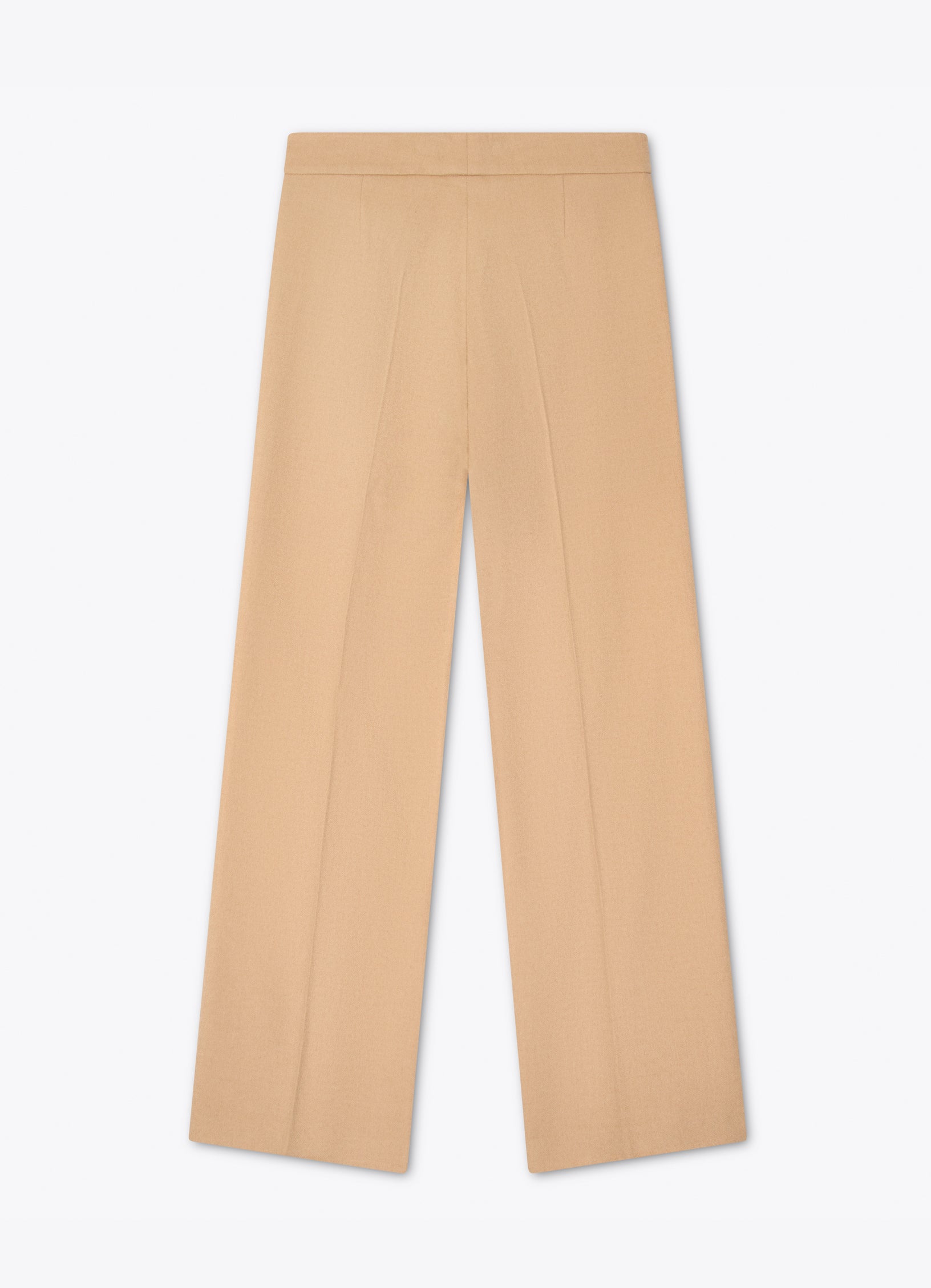 Camel wool-cashmere straight-leg trousers back view with clean tailored silhouette and sewn-in front crease