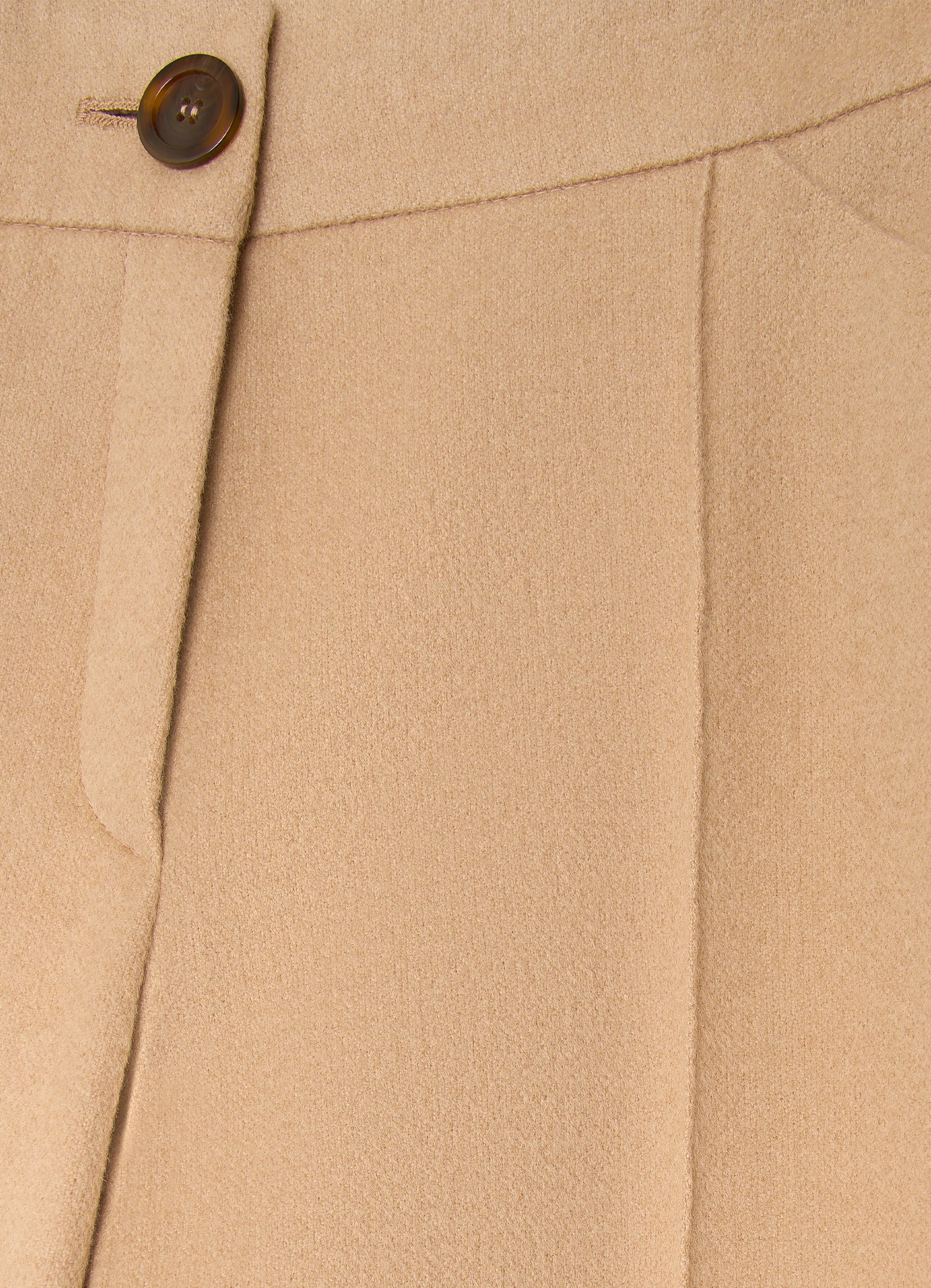Detail of camel wool-cashmere trousers showing tailored waistband, button fastening and soft structured fabric