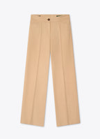 Camel wool-cashmere straight-leg trousers front view with clean tailored silhouette and sewn-in front crease