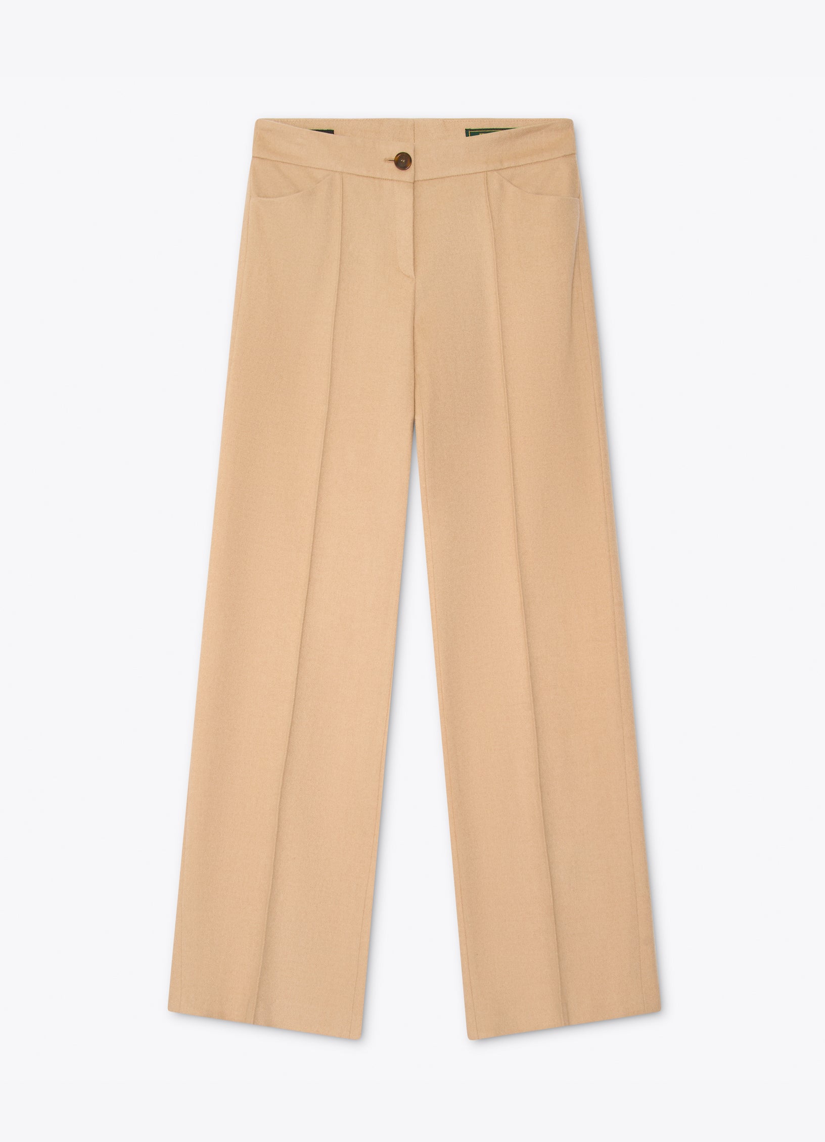 Camel wool-cashmere straight-leg trousers front view with clean tailored silhouette and sewn-in front crease