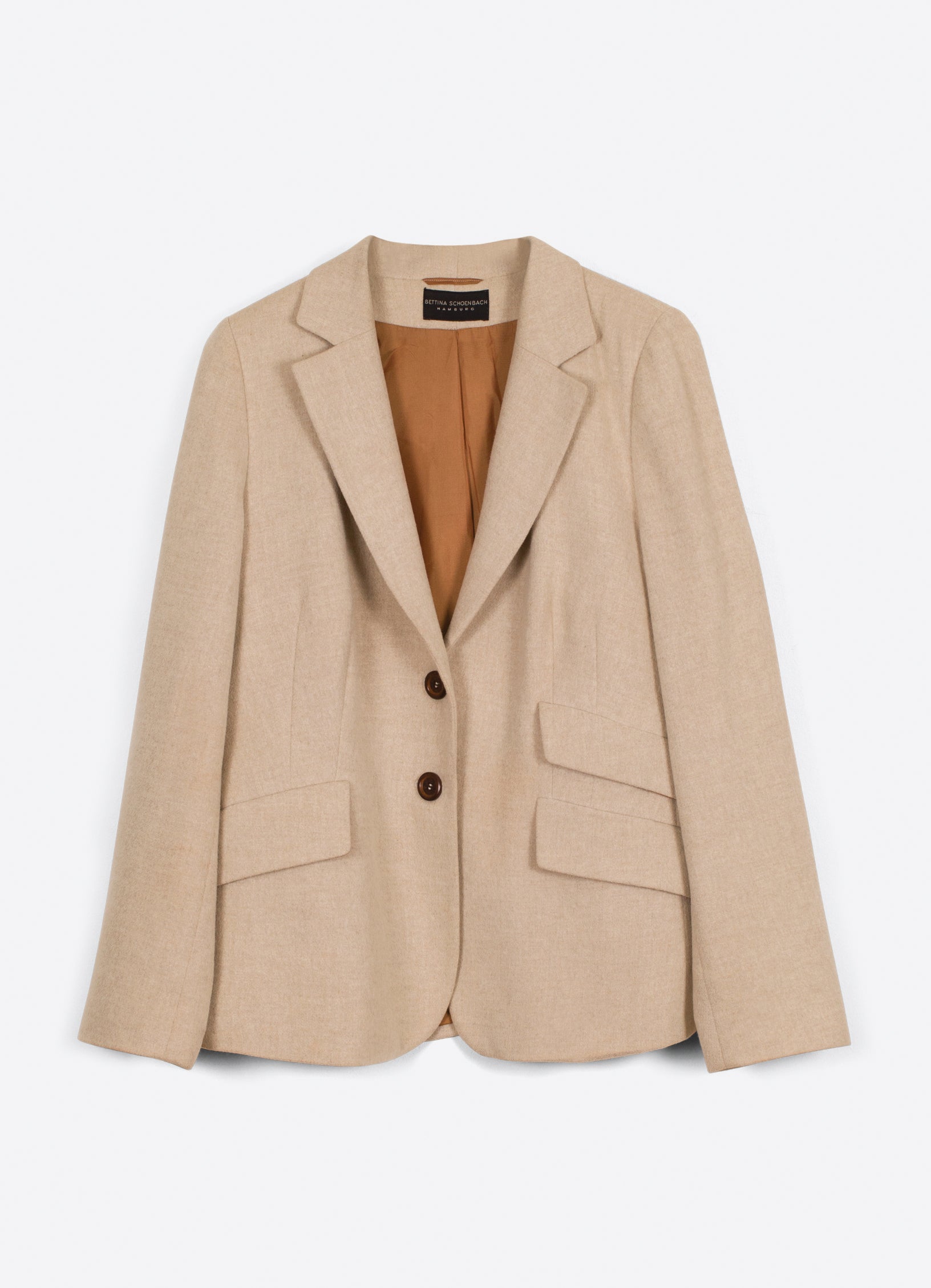 SCHOENBACH camel wool cashmere-blend jacket in Loro Piana fabric with notched lapels, front view