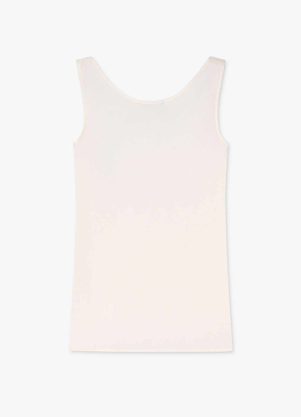 Back view of cream linen-blend sleeveless top with smooth finish