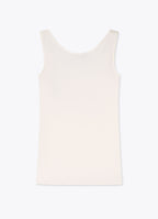 Back view of cream linen-blend sleeveless top with smooth finish