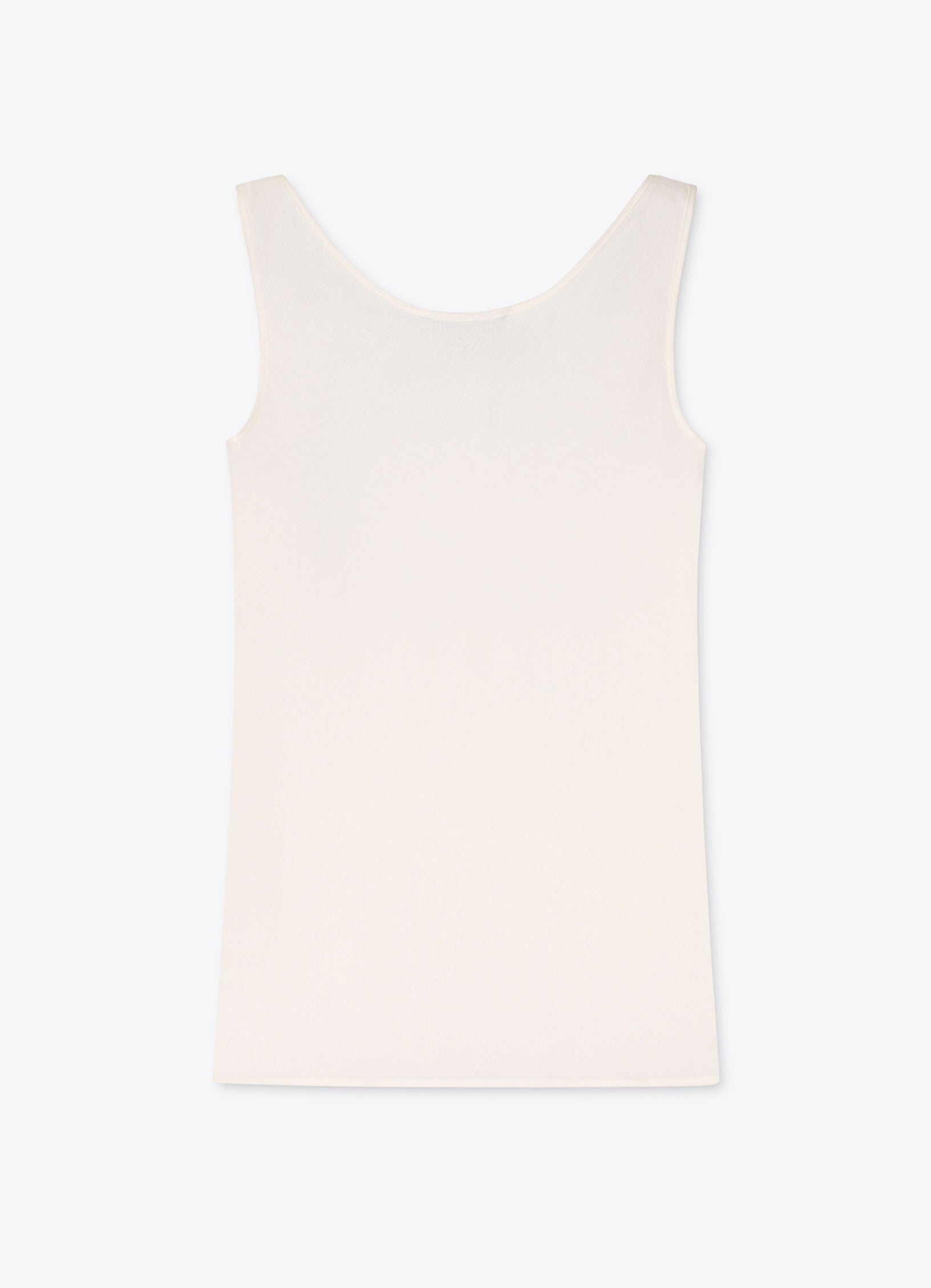 Back view of cream linen-blend sleeveless top with smooth finish