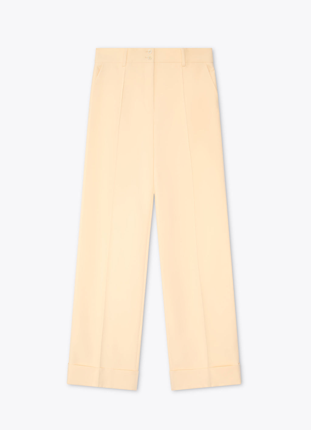 Straight-leg tailored trousers with cuffs in a light neutral tone, front view