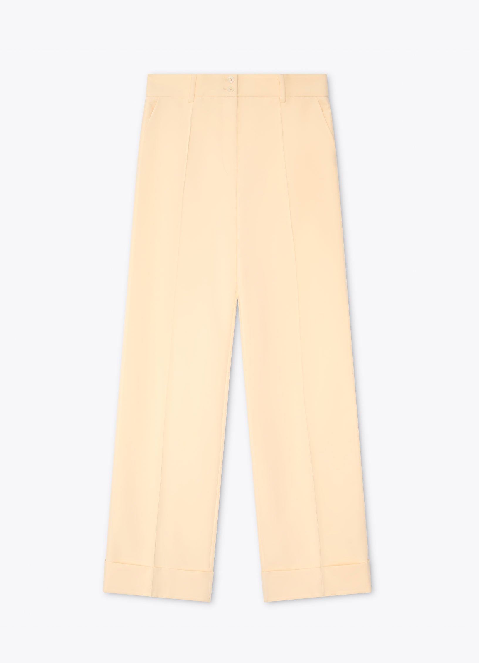 Straight-leg tailored trousers with cuffs in a light neutral tone, front view