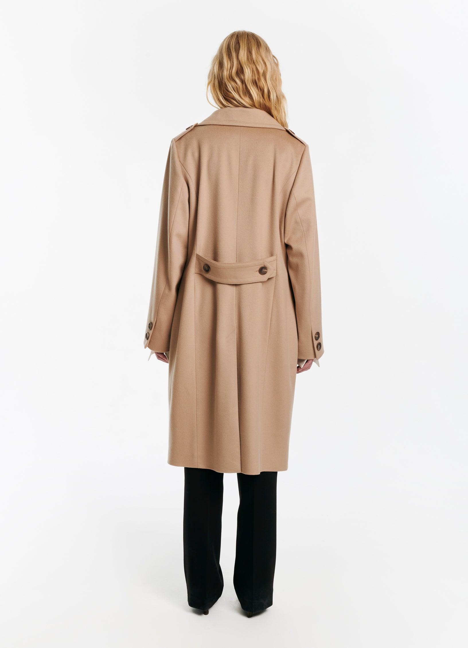 SCHOENBACH double-breasted baby camel hair coat in beige, back view