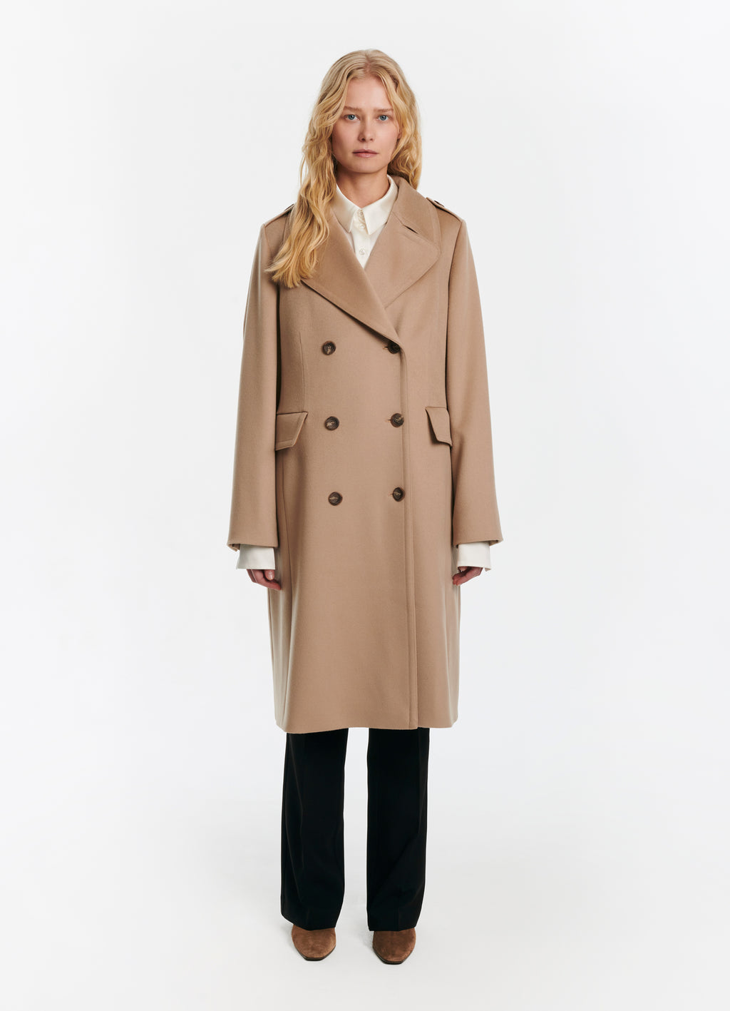 SCHOENBACH double-breasted baby camel hair coat in beige, front view
