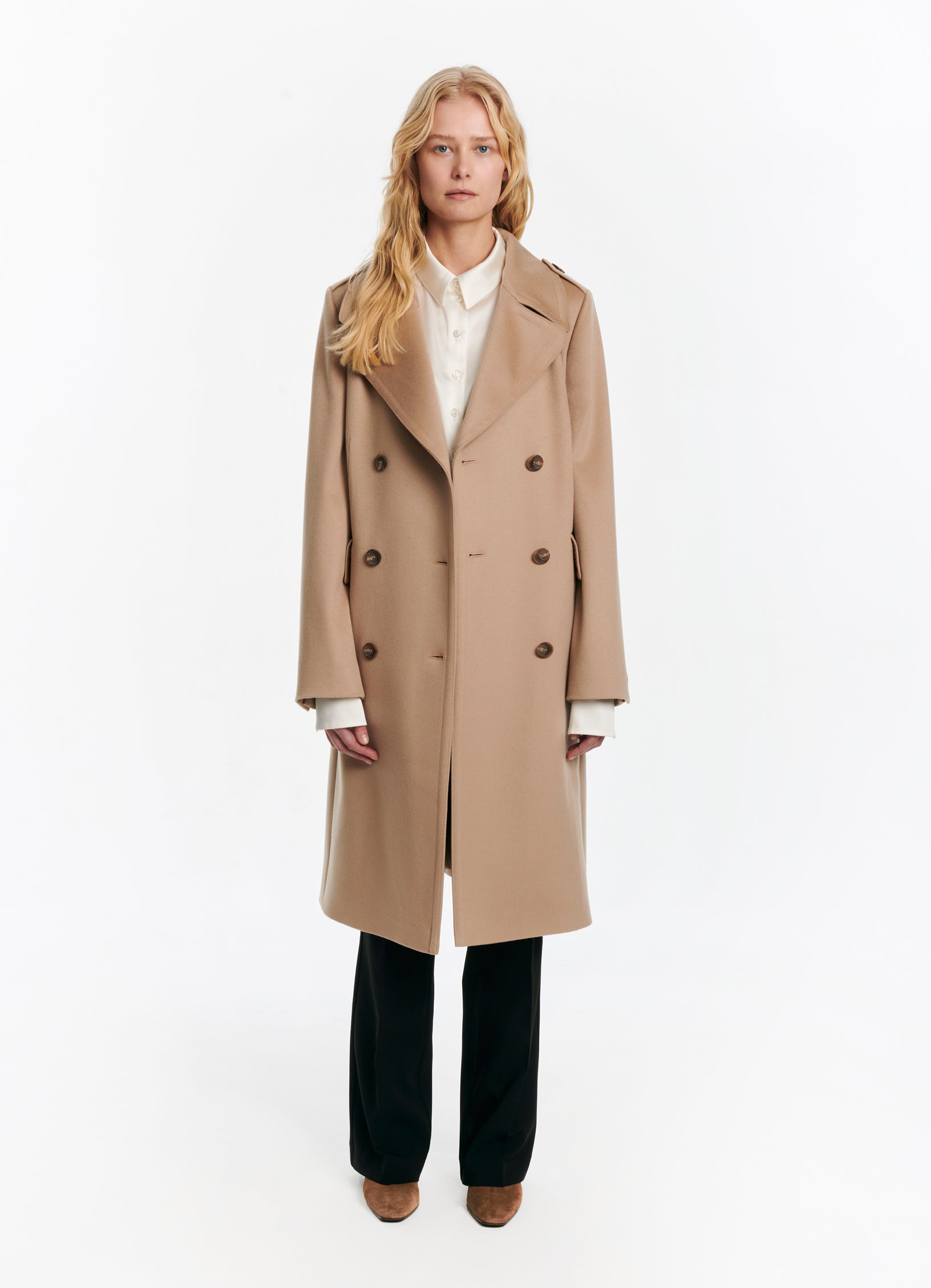 SCHOENBACH double-breasted baby camel hair coat in beige, full length view