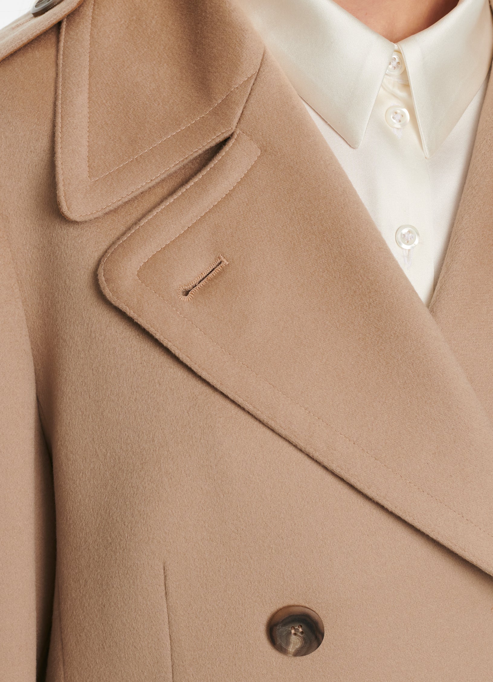 SCHOENBACH double-breasted baby camel hair coat in beige, lapel detail