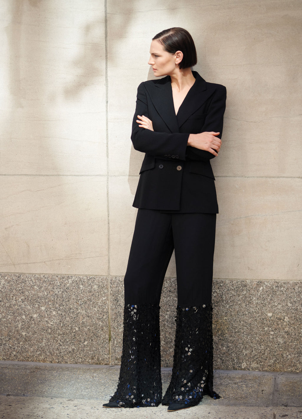 Black SCHOENBACH double-breasted blazer styled with black trousers