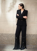 Black SCHOENBACH double-breasted blazer styled with black trousers