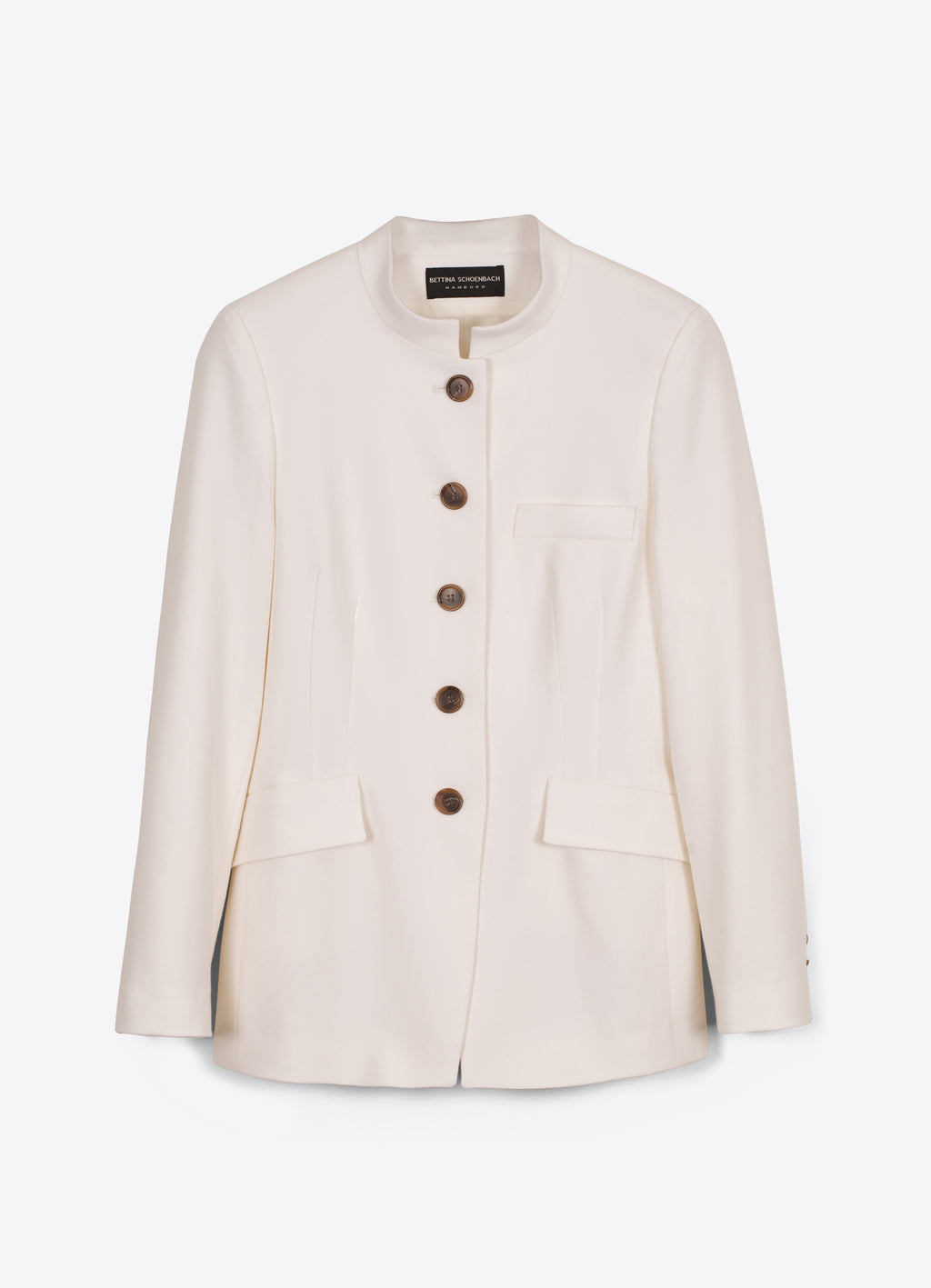 SCHOENBACH ecru stretch wool jacket with stand collar and horn buttons, front view