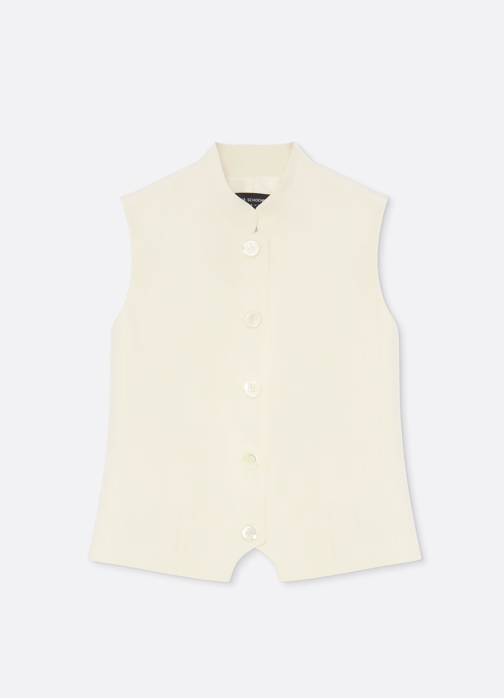 Front view of a tailored vest in ecru with a structured shape and covered button closure.