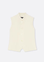 Front view of a tailored vest in ecru with a structured shape and covered button closure.
