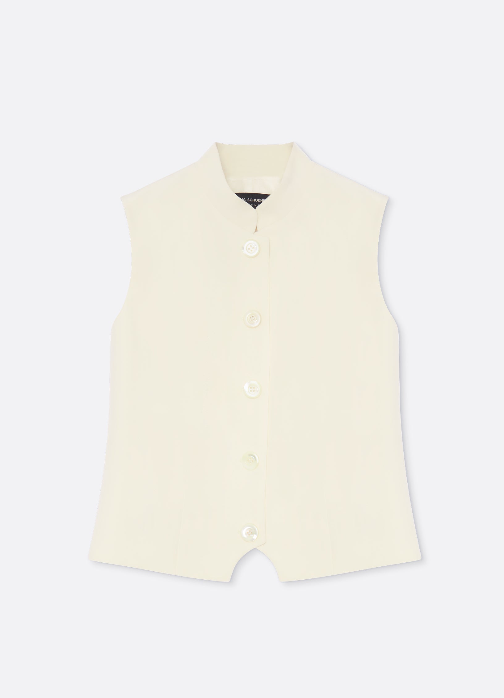 Front view of a tailored vest in ecru with a structured shape and covered button closure.
