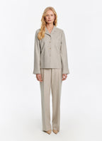 SCHOENBACH women’s beige tailored suit with relaxed blazer and wide-leg trousers, full-length studio view