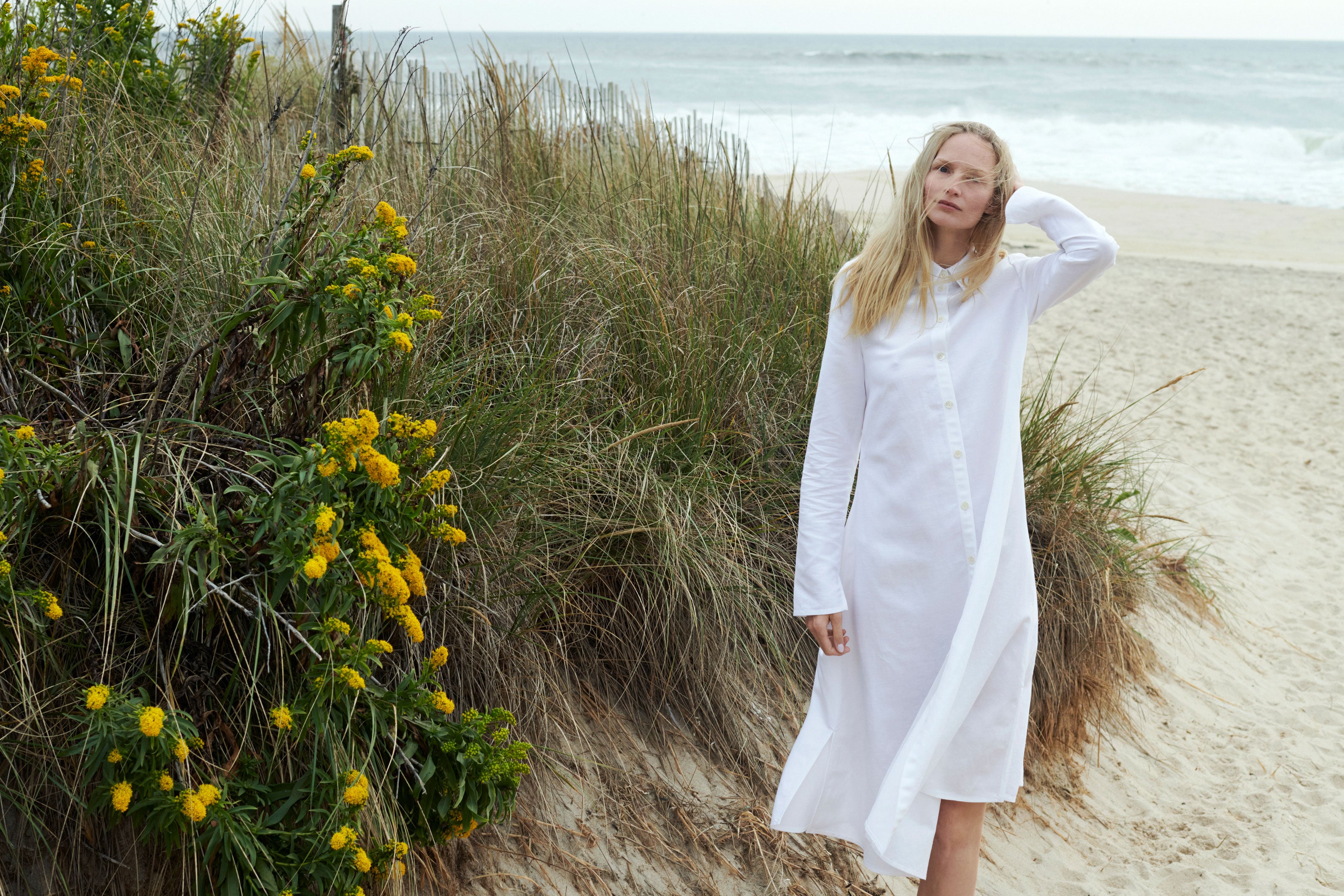 SCHOENBACH white cotton dress on Sagaponack Beach Hamptons editorial