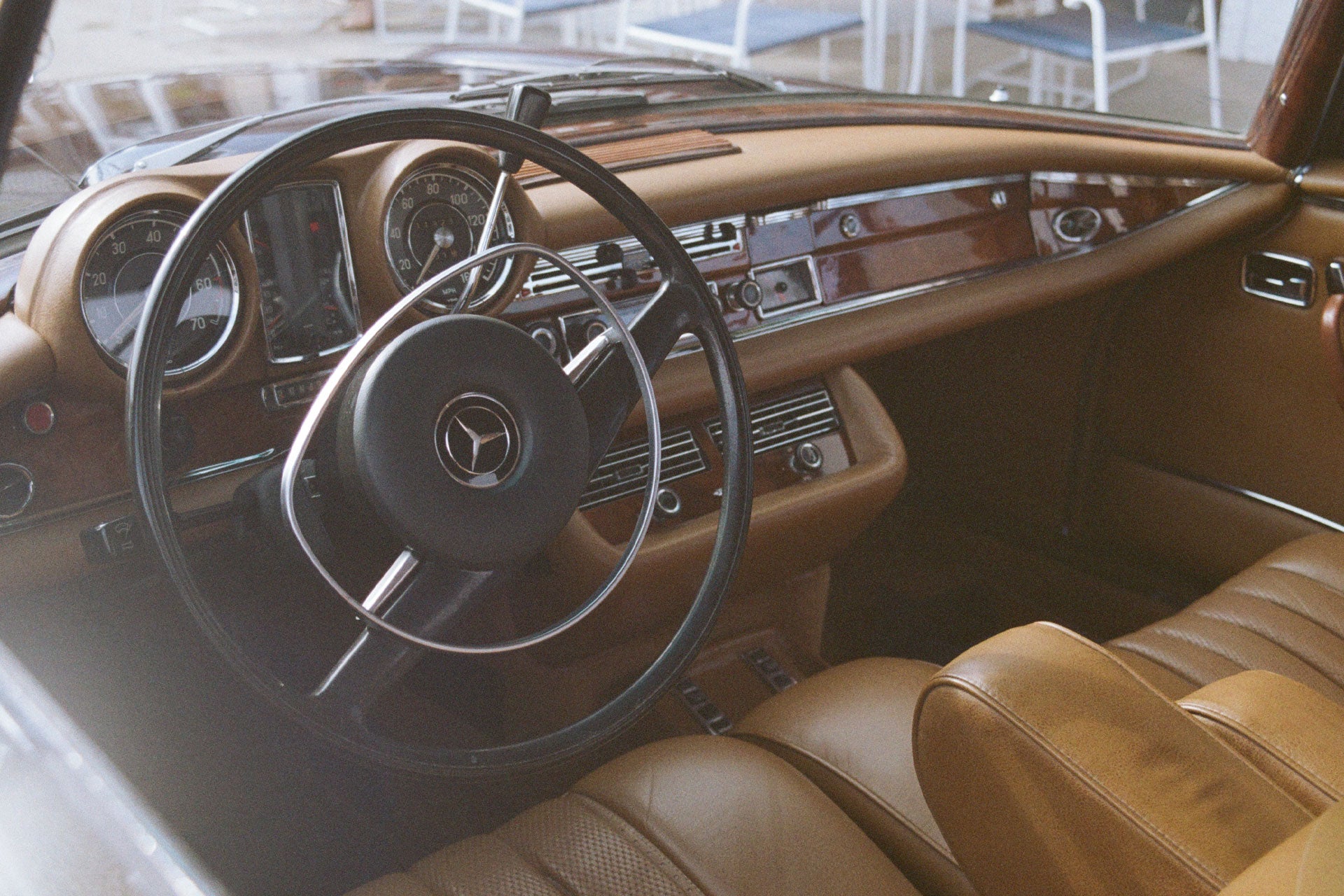 Old Mercedes car interior featuring cognac leather