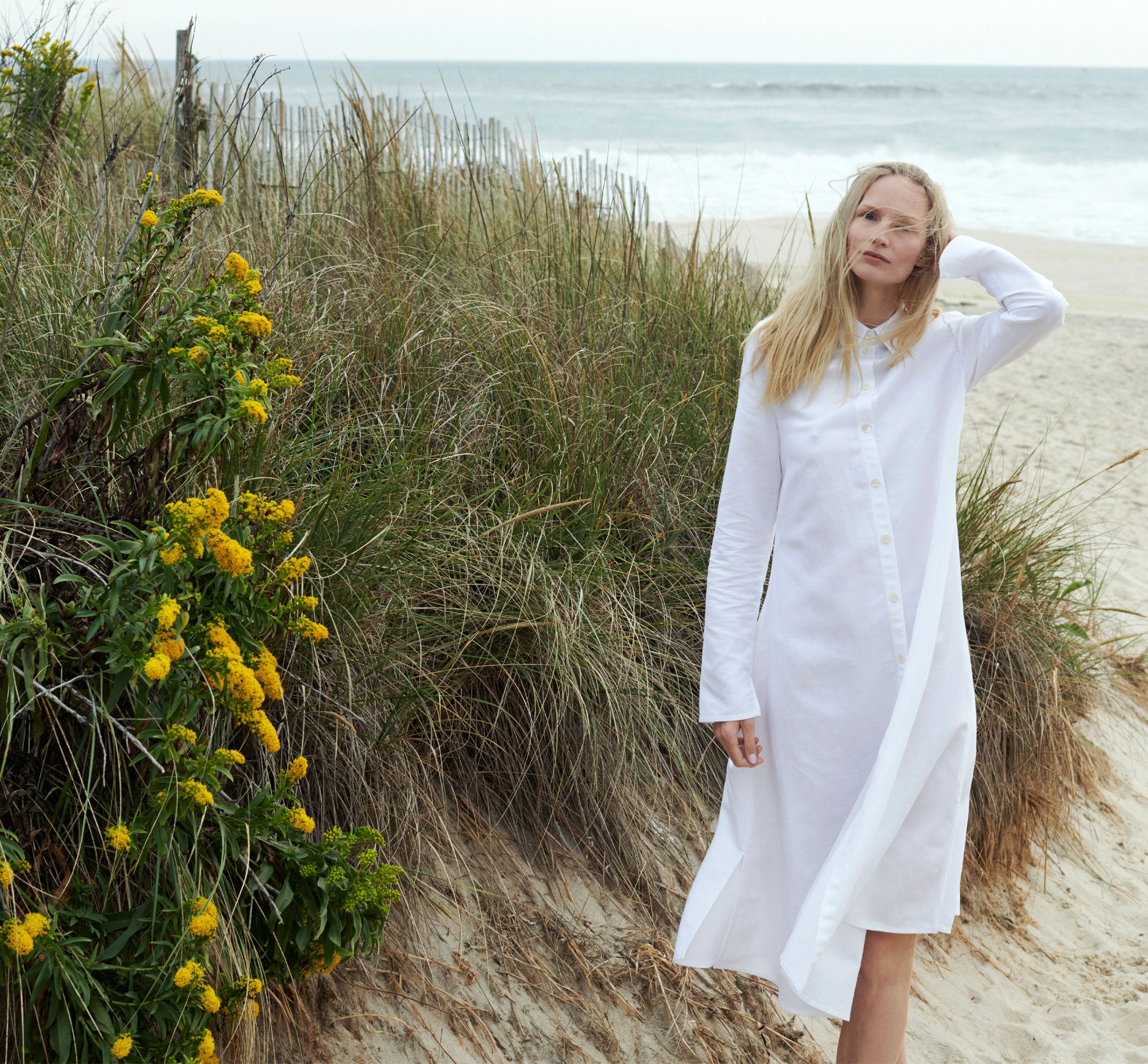 SCHOENBACH editorial with model Katrin Thormann wearing a white shirt dress in the Hamptons