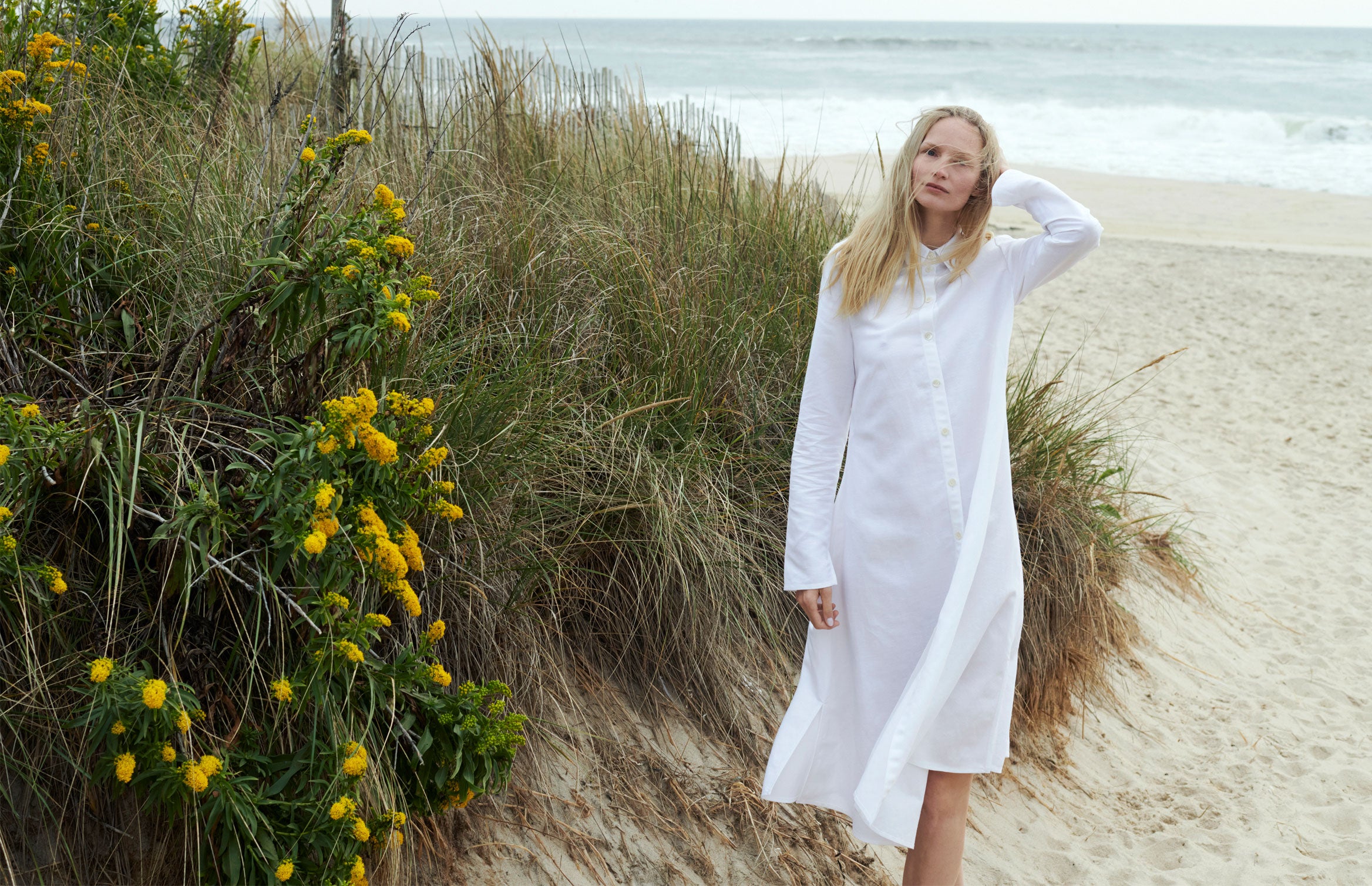 SCHOENBACH editorial photo with model Katrin Thormann on the beach in the Hamptons