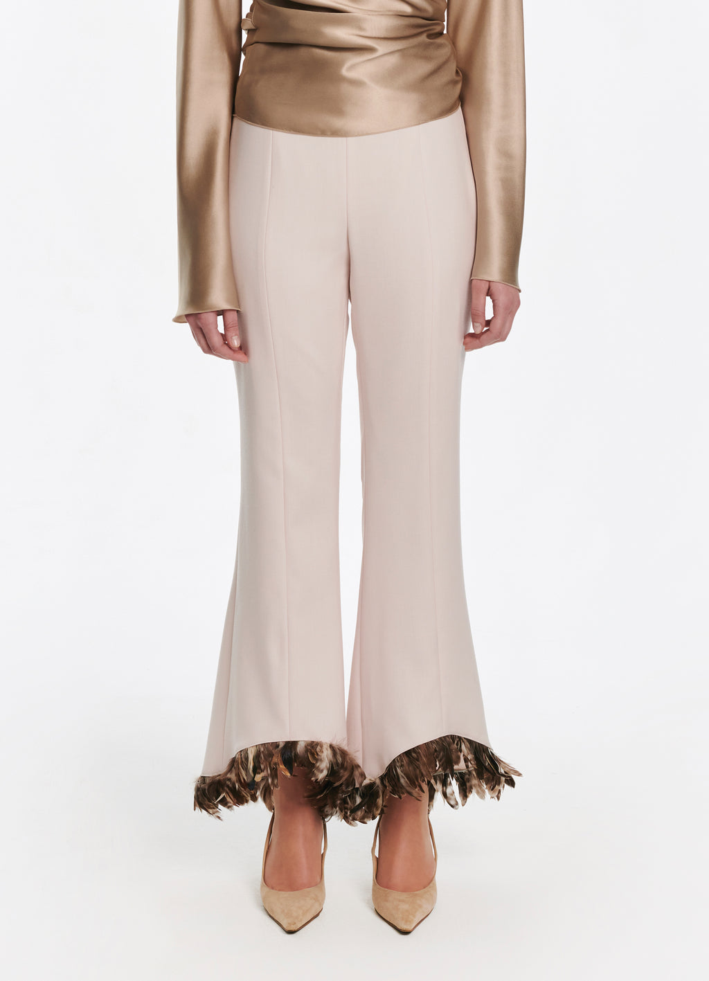 SCHOENBACH feather-detailed stretch-wool flared trousers in ecru, front view
