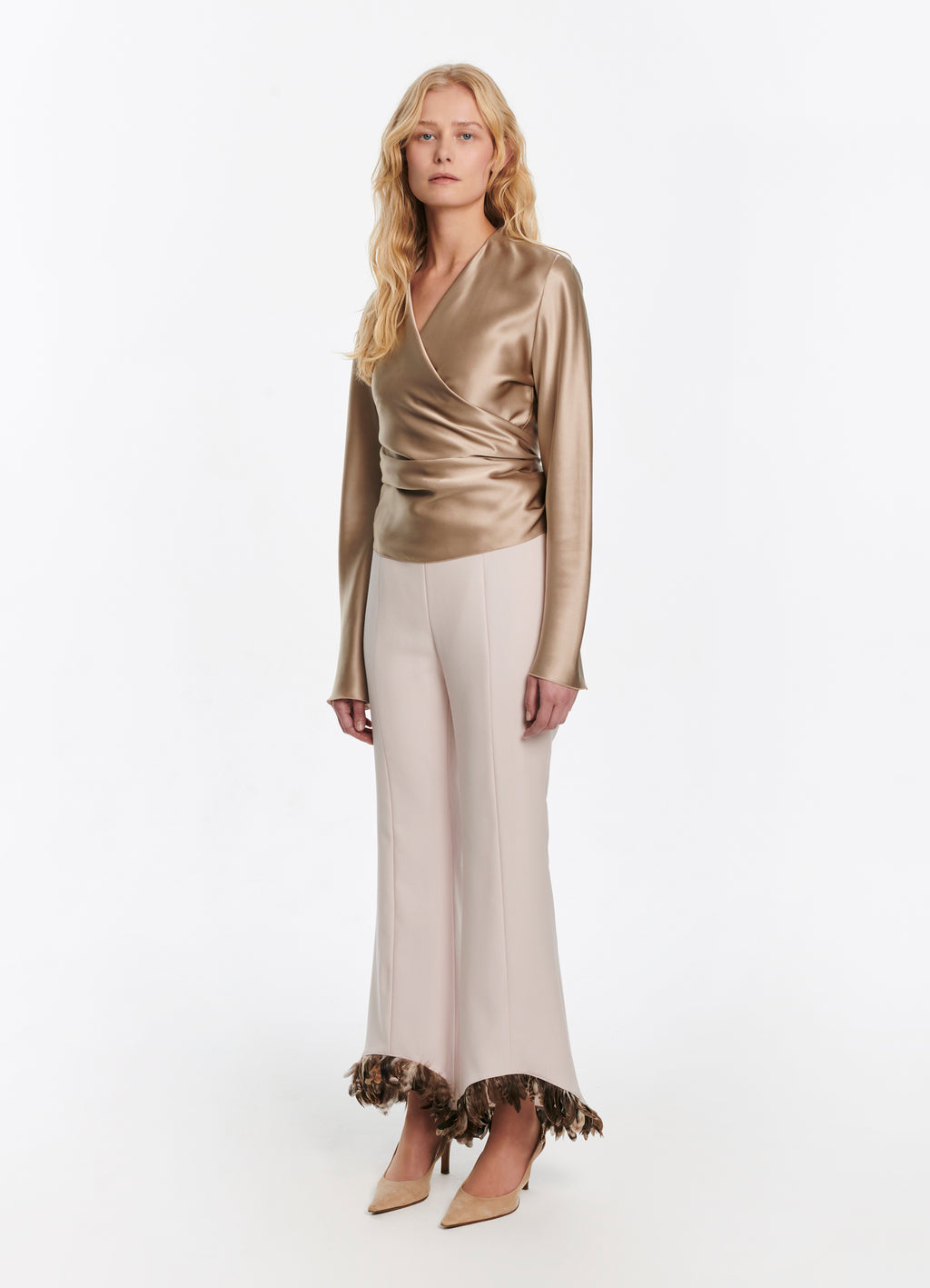 SCHOENBACH feather-detailed stretch-wool flared trousers in ecru, full back view