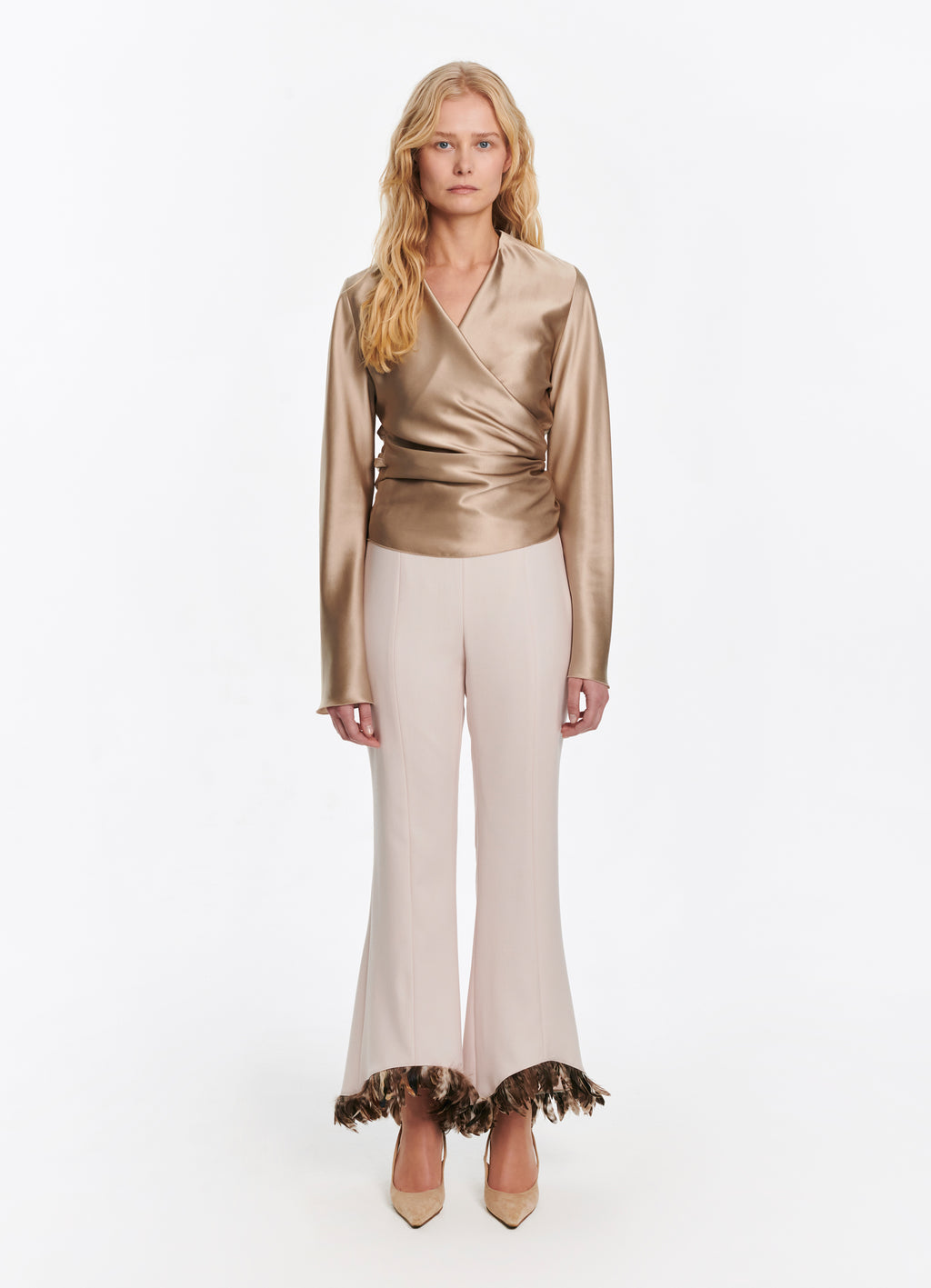 SCHOENBACH feather-detailed stretch-wool flared trousers in ecru, full front view