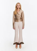 SCHOENBACH feather-detailed stretch-wool flared trousers in ecru, full front view